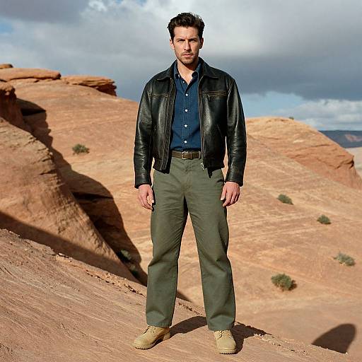 Man in Leather Jacket Posing on Rocky Desert Landscape