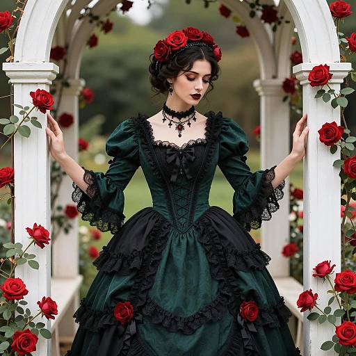 Victorian Gothic Woman in Green Dress with Red Roses