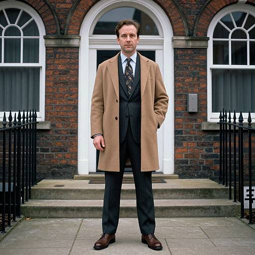 Man in Classic Suit and Tan Overcoat Standing Outside Brick Building