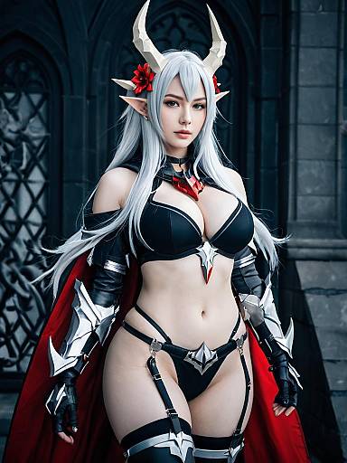 Mudrock Arknights Cosplay with Gothic Armor and Red Cape