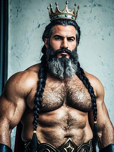 Muscular Man in Poseidon Costume with Crown and Braided Beard