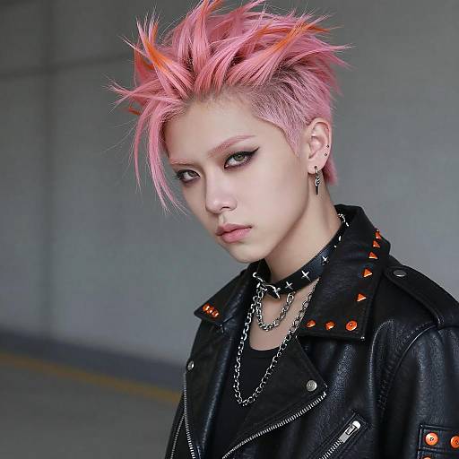Gen Z Woman with Spiked Pink Hair in Punk Rock Leather Jacket