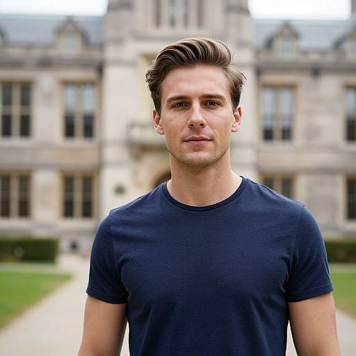 Young Man in Navy T-Shirt Standing Outdoors Near Historic Building