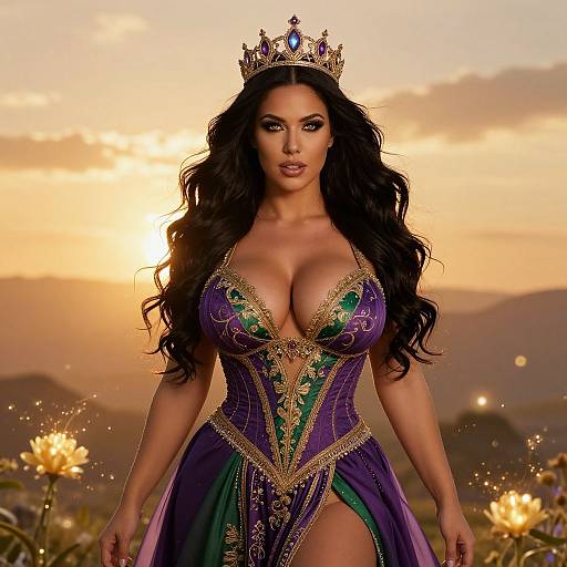 Regal Woman in Ornate Purple and Green Corset Dress with Crown at Sunset