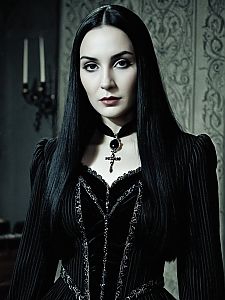 Woman in Morticia Addams Costume Detailed Cinematic Portrait