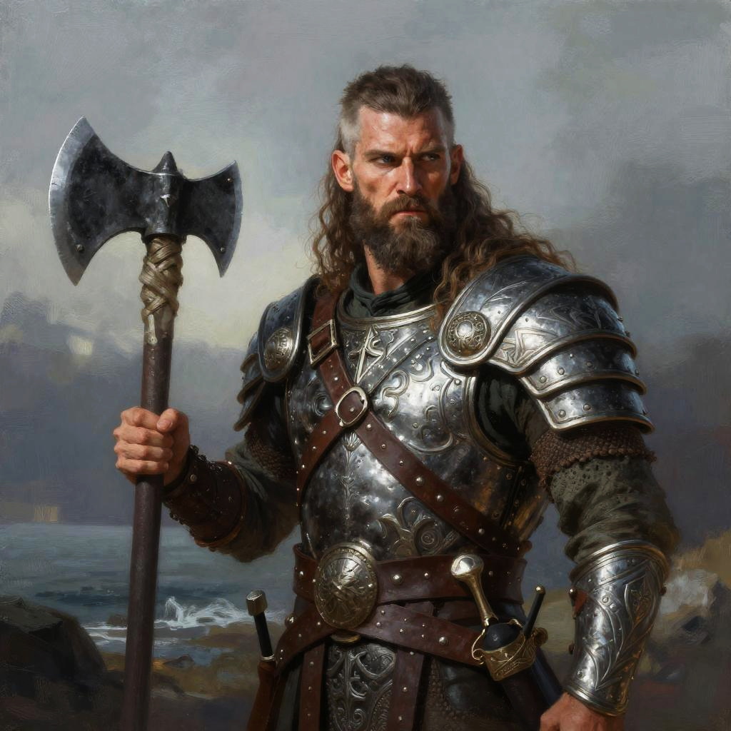 Medieval Warrior Man in Ornate Armor Holding Battle Axe - Fantasy Digital Art