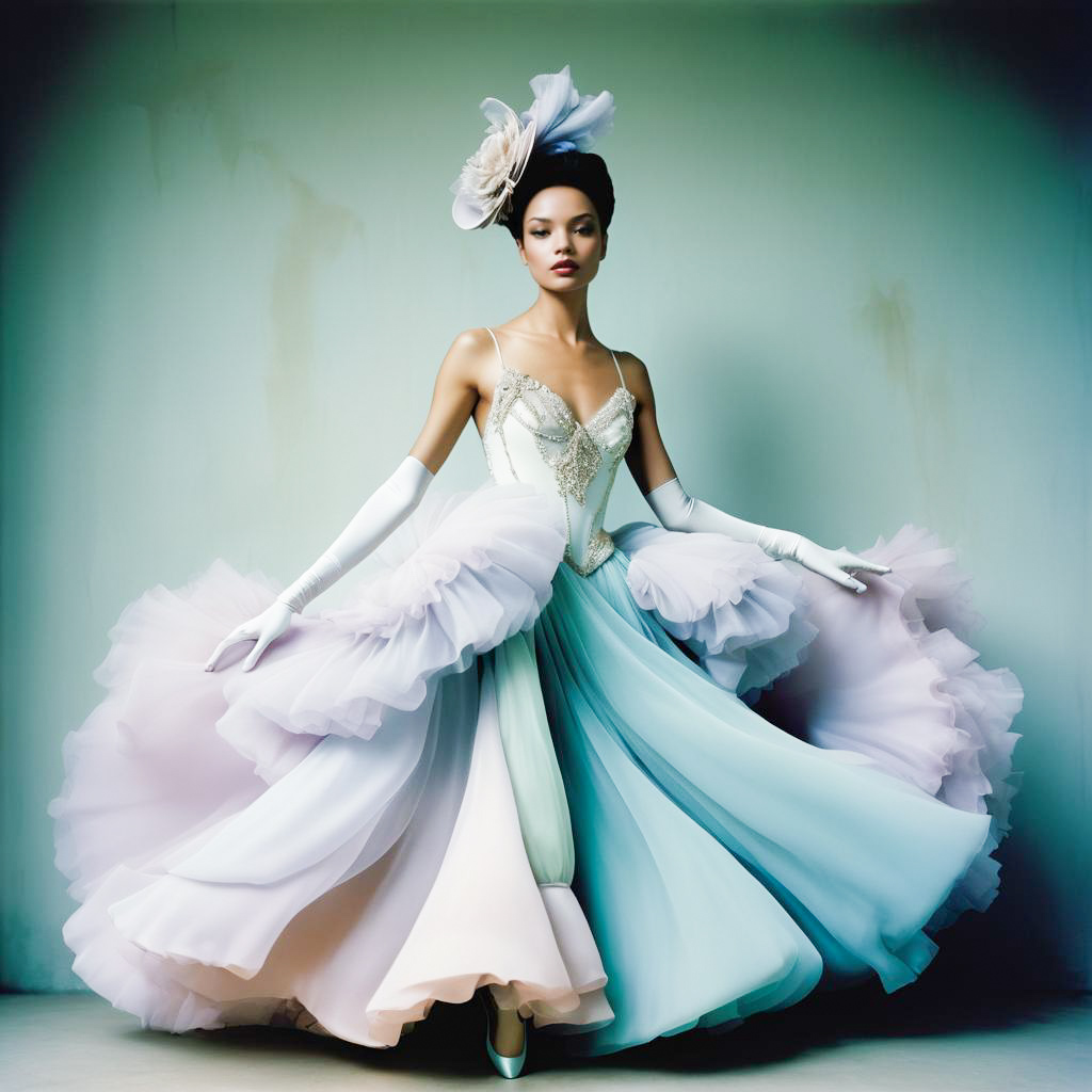 Elegant Woman Twirling in Pastel Gown