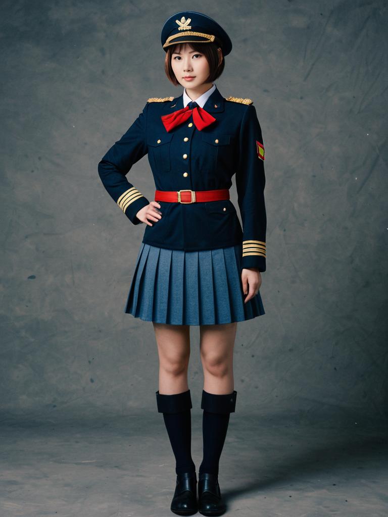 Young Woman in Blue Military-Style Uniform with Red Accents