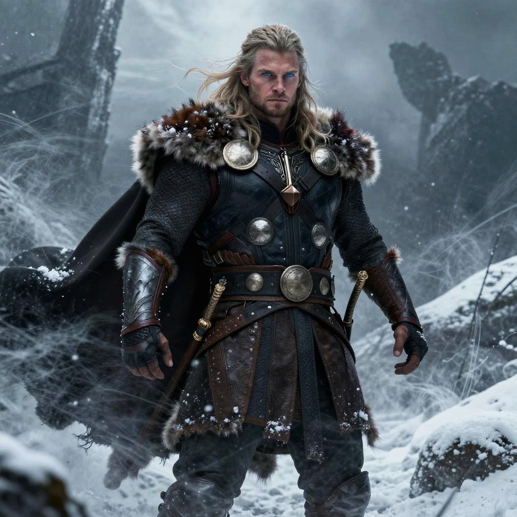 Norse Viking Warrior in Medieval Armor in Snowy Landscape
