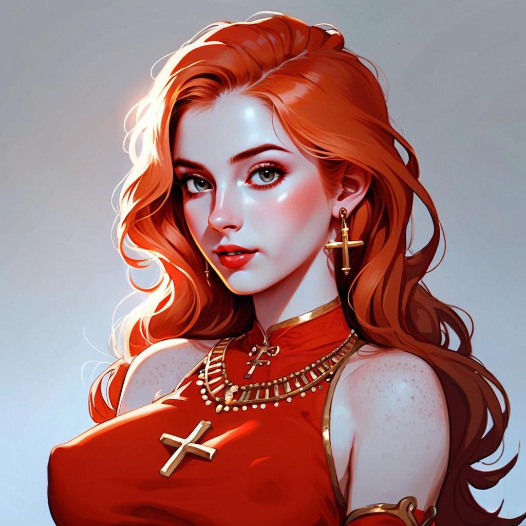 Red-haired Woman in Vibrant Red Outfit with Gold Jewelry