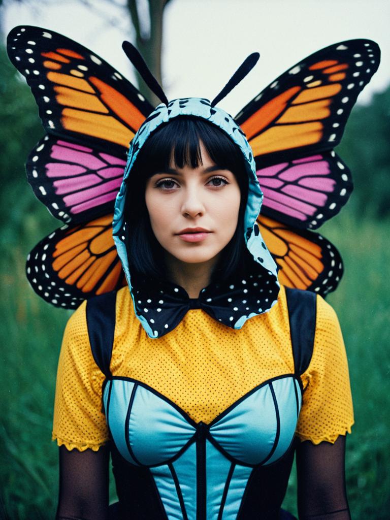 Woman in Vibrant Butterfly Costume Waist Up Editorial Photo