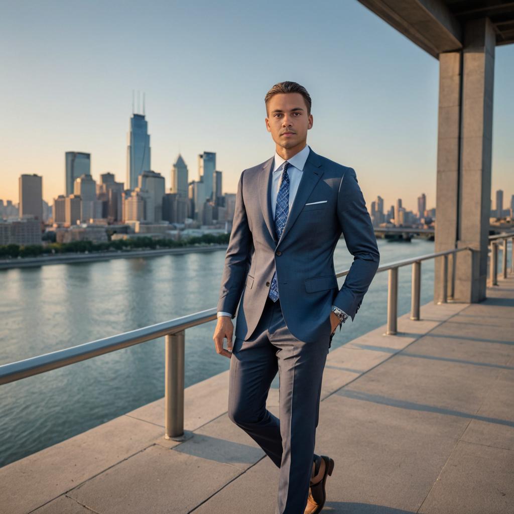 Stylish Man in Tailored Suit Against City Skyline at Sunset