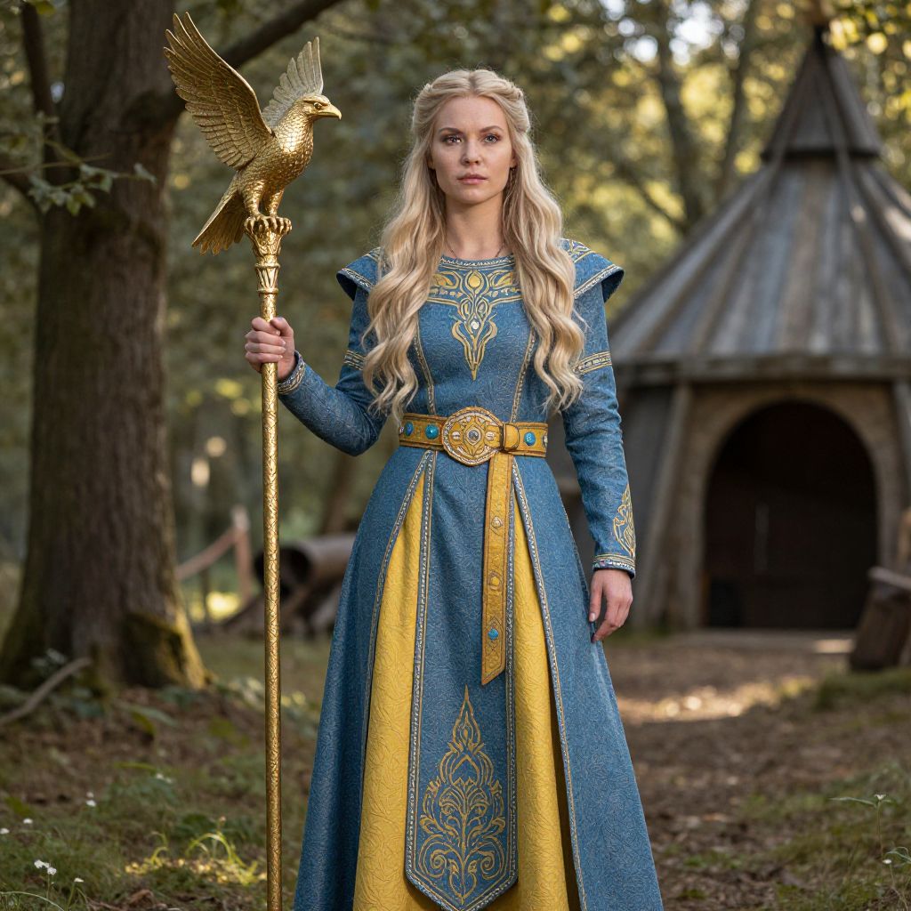 Medieval Fantasy Woman in Ornate Blue and Gold Gown with Golden Eagle Staff