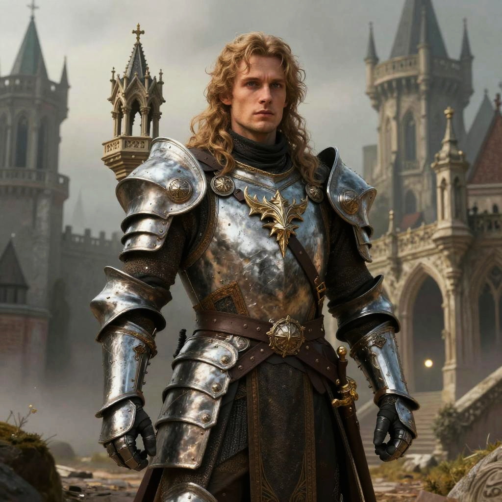 Medieval Knight in Armor with Gothic Castle Background