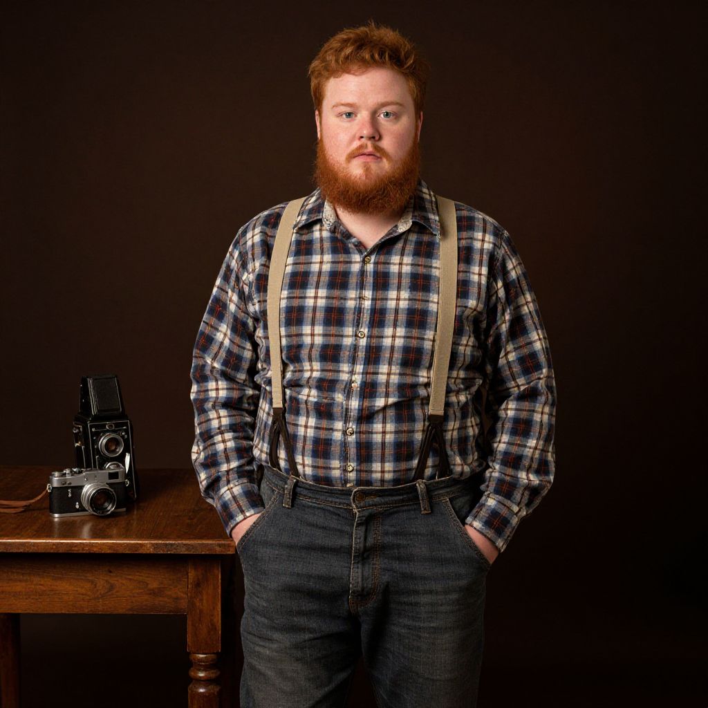 Portrait of Bearded Red-Haired Man with Vintage Cameras in Retro Style