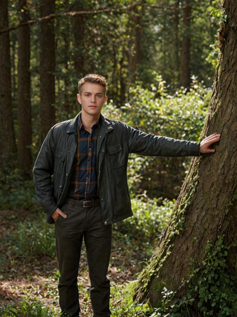 Young man in forest with green jacket