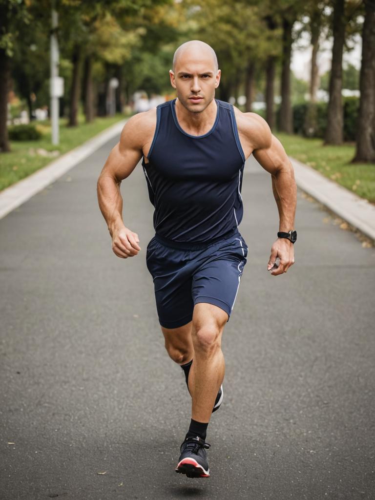 Muscular Man Running on Tree-Lined Path