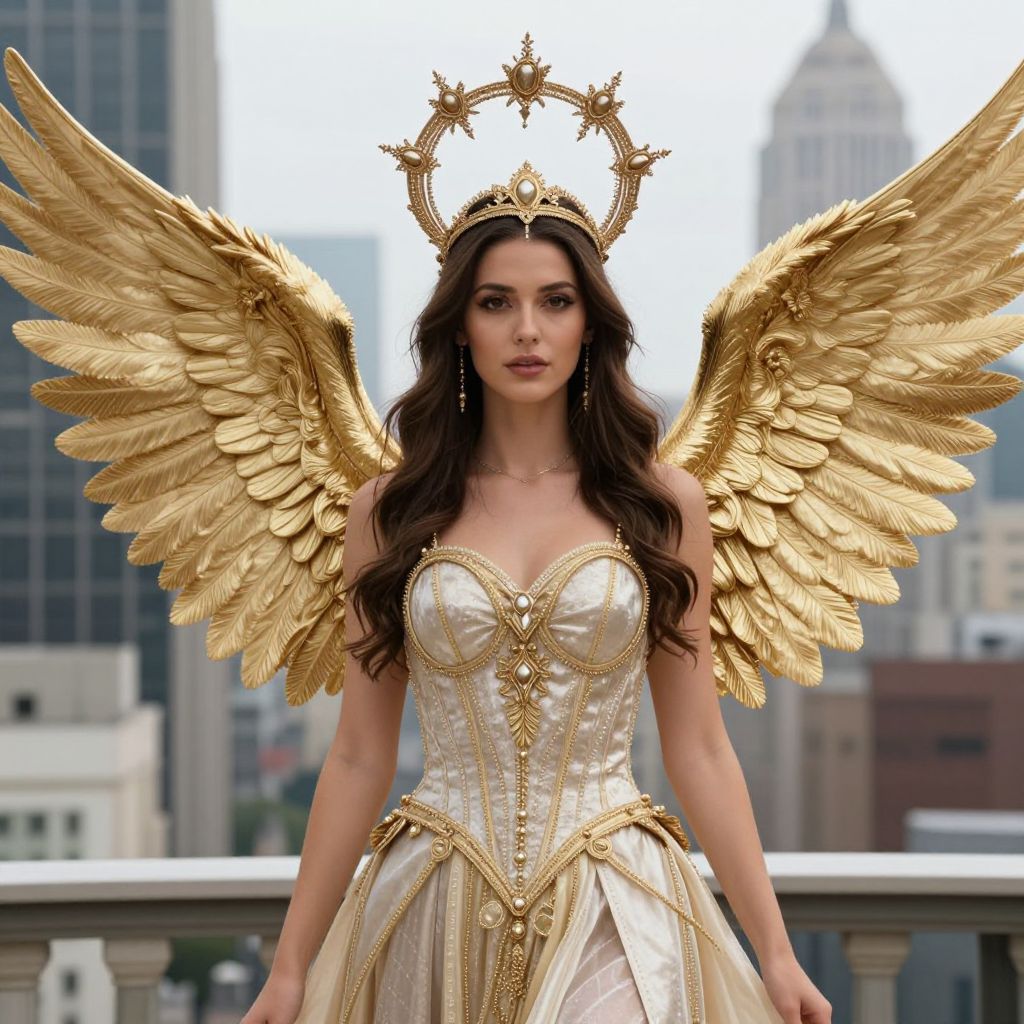 Elegant Woman in Baroque Golden Wings and Halo Crown Costume in Urban Setting