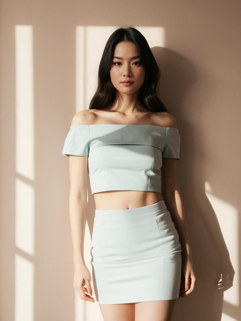 Trendy Woman in White Off-The-Shoulder Crop Top and High-Waisted Skirt