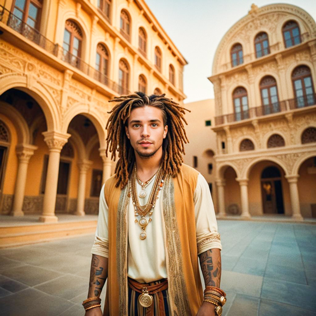 Man with Dreadlocks in Ornate Courtyard