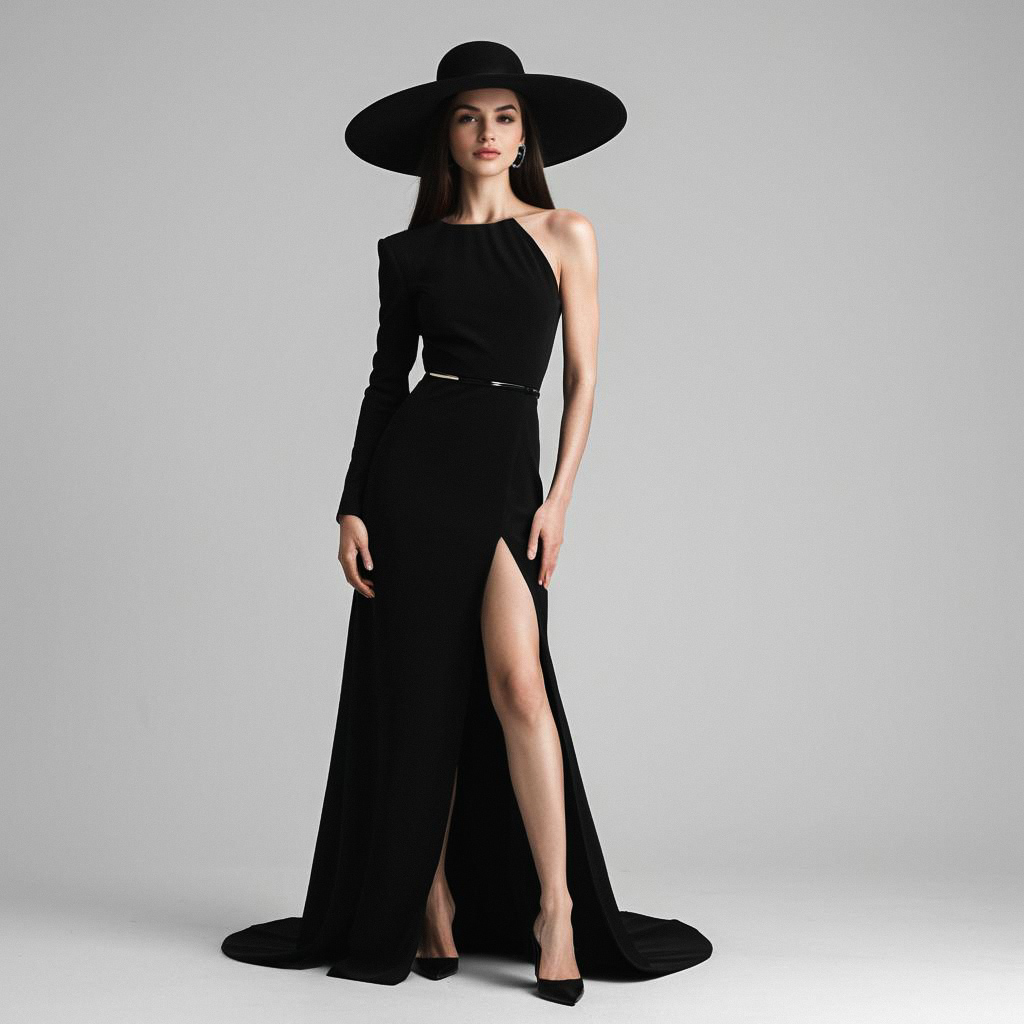 Confident Woman in Black Evening Gown
