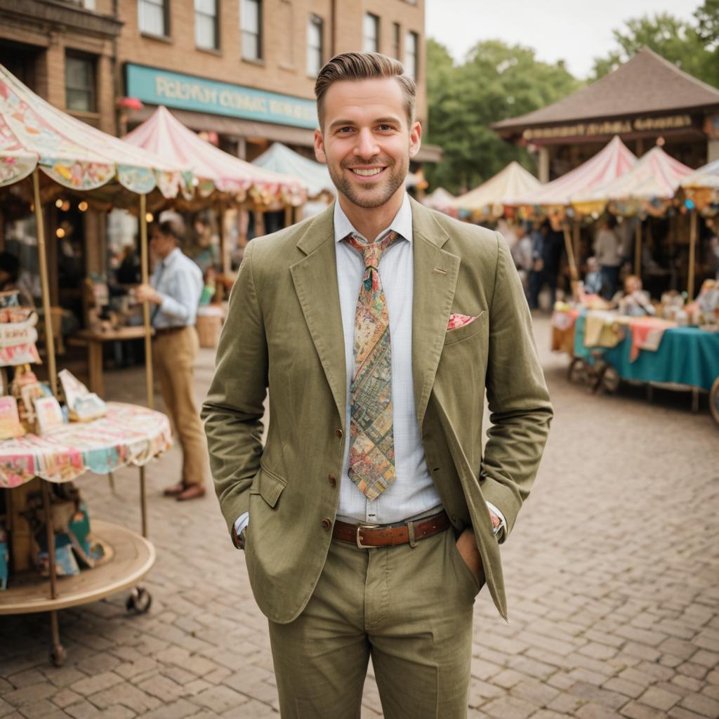 Man in Stylish Green Suit at Outdoor Market