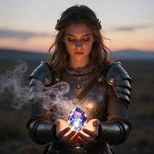 Woman in Armor Holding Magical Glowing Blue Crystal at Twilight