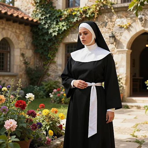 Young Nun in Traditional Habit Standing in Garden Courtyard