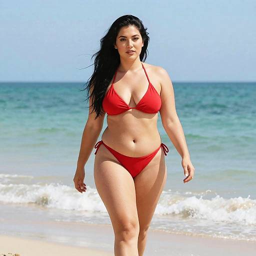 Woman in Red Bikini Walking on Beach Shoreline with Ocean Background