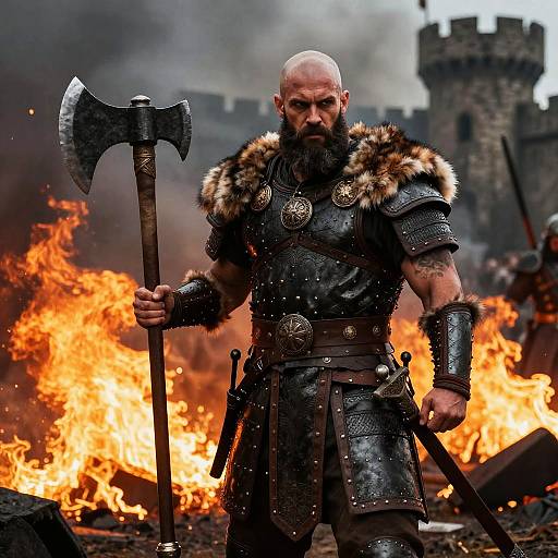 Fierce Viking Warrior in Armor with Axe on Fiery Battlefield