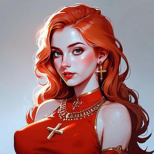 Red-haired Woman in Vibrant Red Outfit with Gold Jewelry