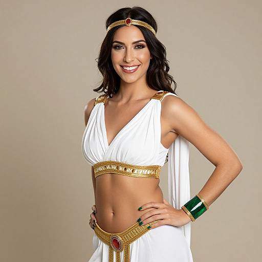 Woman in White Gold Grecian Costume with Jewel Accessories