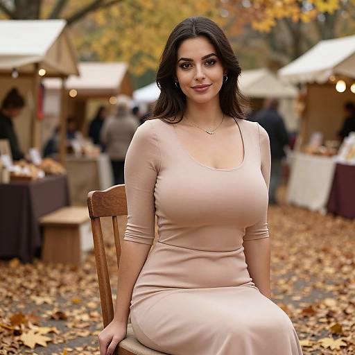 Young Woman in Beige Dress Sitting Outdoors at Autumn Market