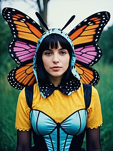 Woman in Vibrant Butterfly Costume Waist Up Editorial Photo