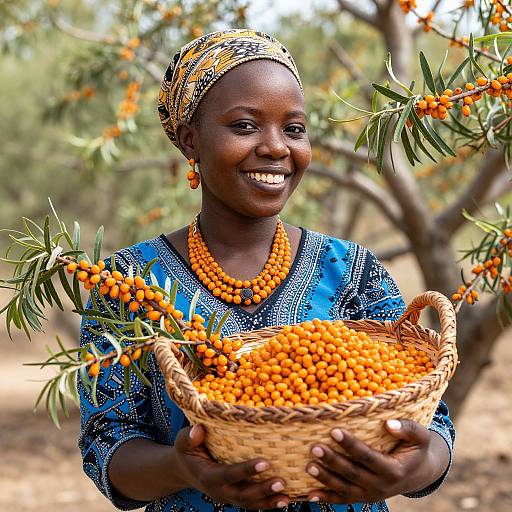 Smiling Woman Holding Basket of Sea Buckthorn Berries Outdoors