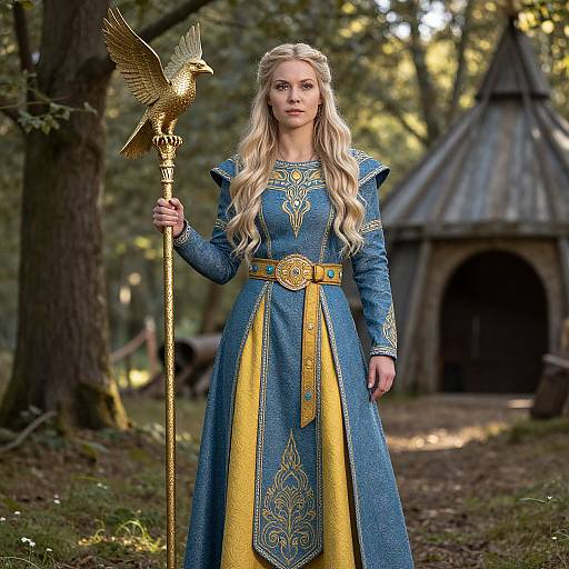 Medieval Fantasy Woman in Ornate Blue and Gold Gown with Golden Eagle Staff