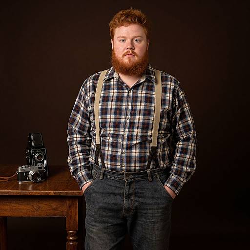 Portrait of Bearded Red-Haired Man with Vintage Cameras in Retro Style