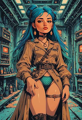 Cyberpunk Woman in Trench Coat with Blue Hair Digital Illustration