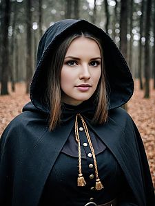 Young Woman in Black Hooded Cloak Standing in Autumn Forest