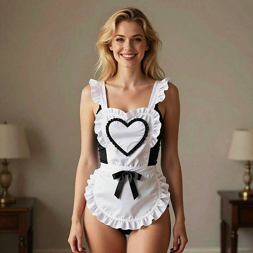 Smiling Woman in Playful Black and White Maid Outfit with Heart Apron
