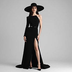 Confident Woman in Black Evening Gown