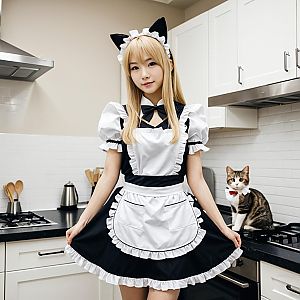 Young Woman in Maid Cat Cosplay Outfit with Cat in Modern Kitchen