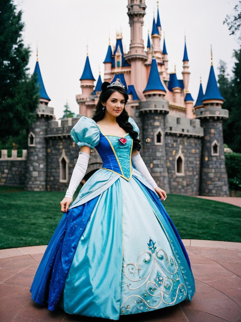 Woman in Disney Princess Dress Outdoor Castle Cosplay Photo