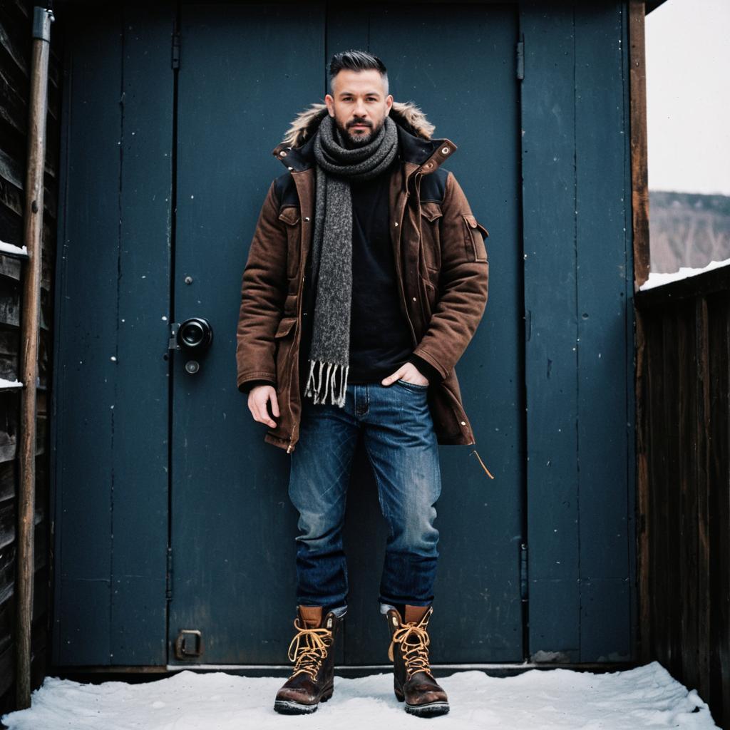 Stylish Man in Winter Jacket and Boots Standing Outdoors by Blue Door
