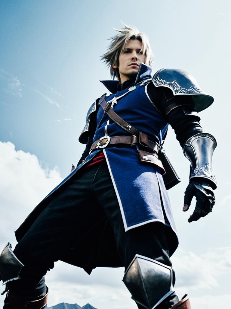 Heroic Man in Final Fantasy Costume Cinematic Low Angle Shot
