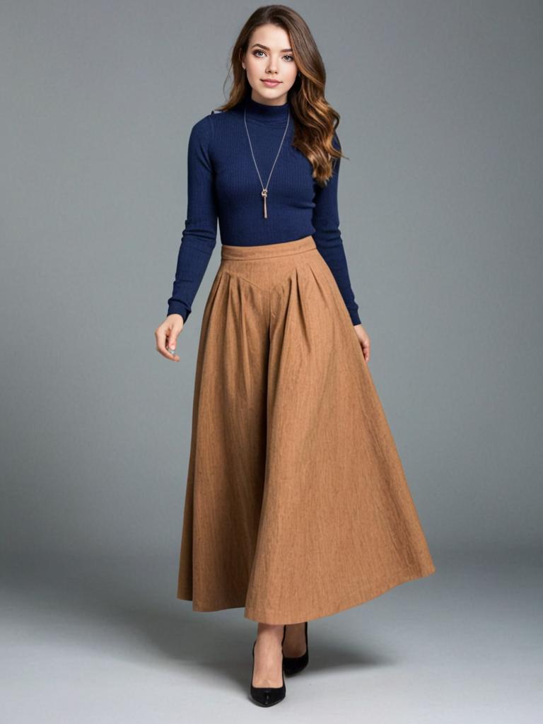 Confident Woman in Blue Turtleneck and Brown Skirt