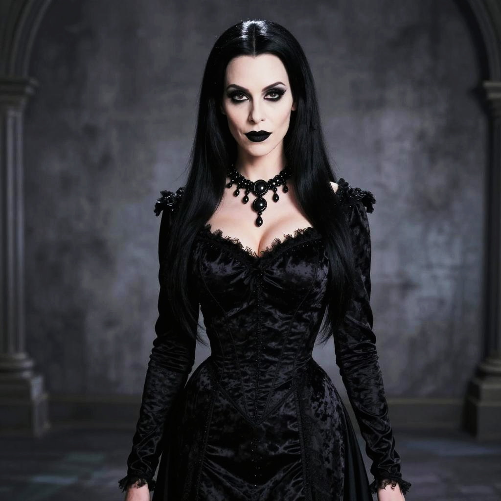 Elegant Woman in Black Victorian Gothic Dress with Dark Makeup