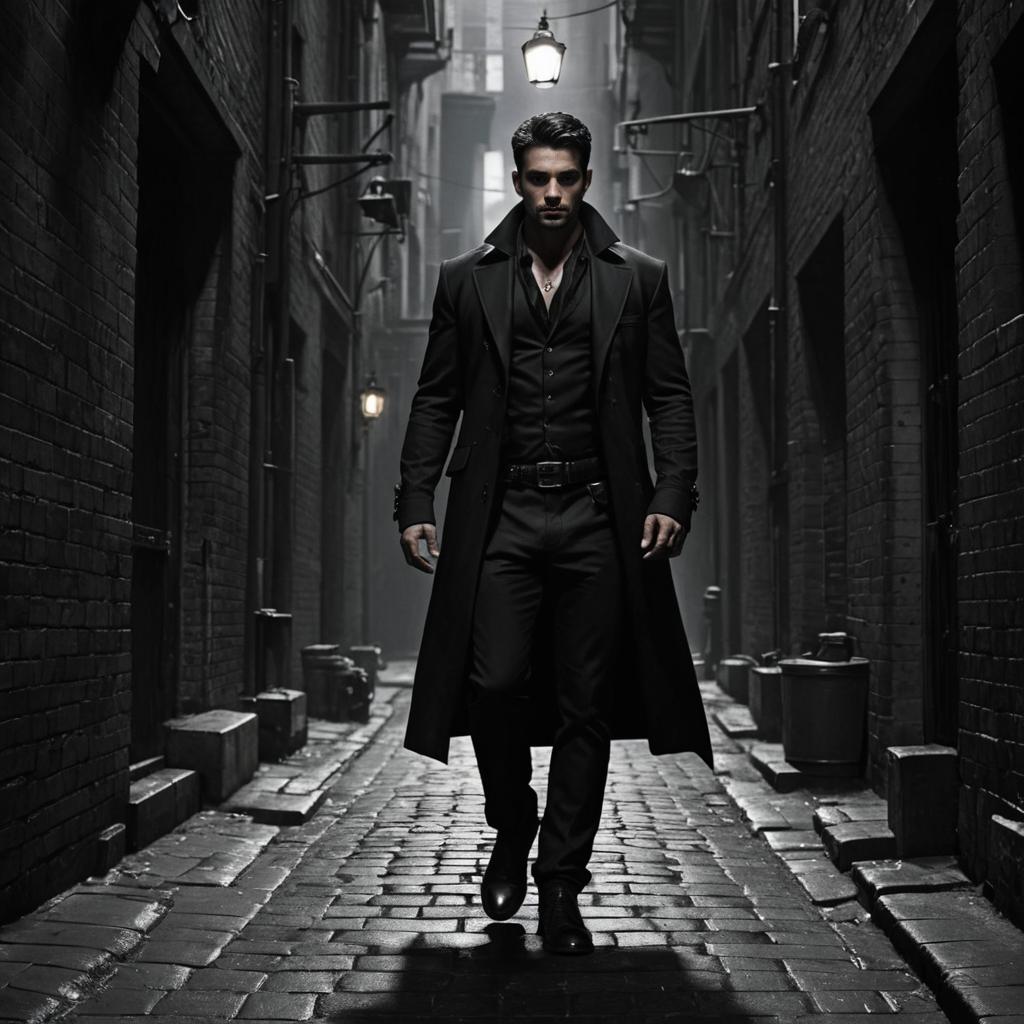 Stylish Man in Black Trench Coat in Dimly Lit Alley