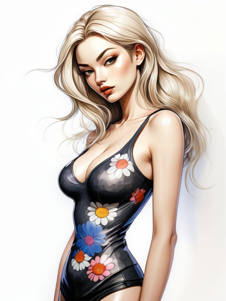 Digital Illustration of Blonde Woman in Floral Black Bodysuit
