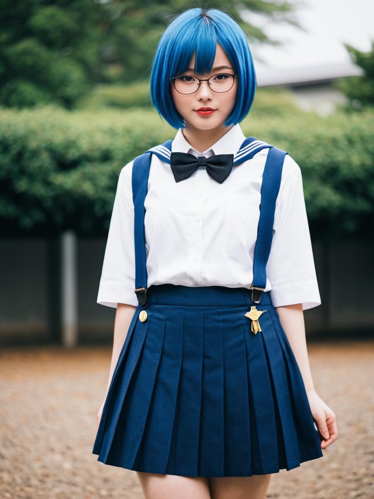 Young Woman with Blue Hair in Japanese School Uniform Outdoors